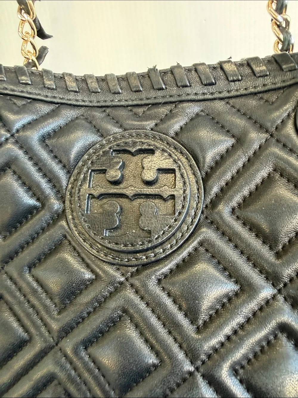 Tory Burch Black Quilted Leather Marion Tote Gold Hardware Bag Purse Luxury